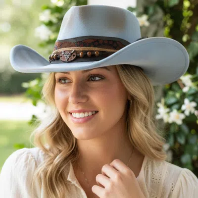 Fashnzfab Steer Head Accent Feather Beaded Band Rustic Vintage Distressed Western Cowgirl Fedora Hat In Multi