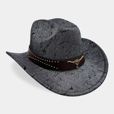 Fashnzfab Steer Head Accent Studded Faux Leather Band Western Cowboy Hat In Black