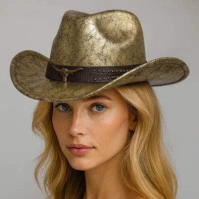 Fashnzfab Steer Head Accent Studded Faux Leather Band Western Cowboy Hat In Metallic
