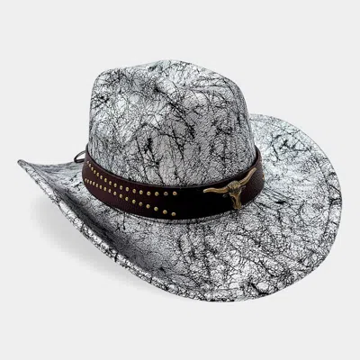 Fashnzfab Steer Head Accent Studded Faux Leather Band Western Cowboy Hat In Silver