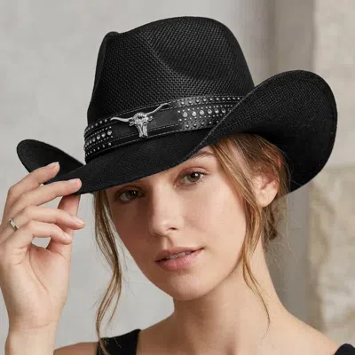 Fashnzfab Steer Head Accent Studded Faux Leather Band Western Straw Cowboy Hat In Black