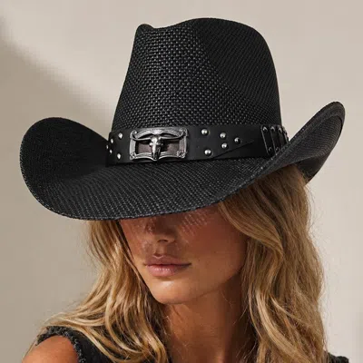 Fashnzfab Steer Head Accent Studded Faux Leather Band Western Straw Cowboy Hat In Black