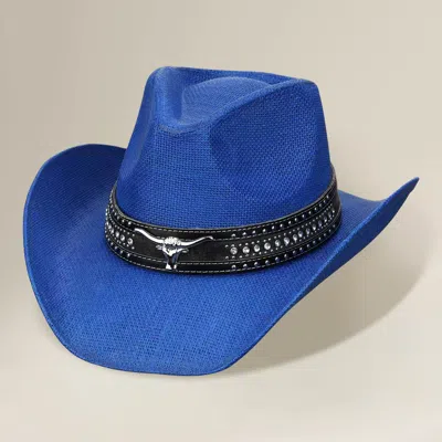 Fashnzfab Steer Head Accent Studded Faux Leather Band Western Straw Cowboy Hat In Blue