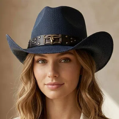 Fashnzfab Steer Head Accent Studded Faux Leather Band Western Straw Cowboy Hat In Blue