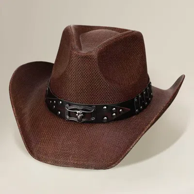 Fashnzfab Steer Head Accent Studded Faux Leather Band Western Straw Cowboy Hat In Brown