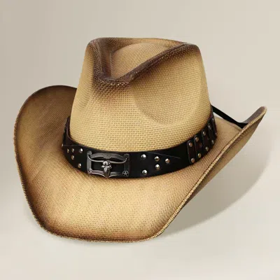 Fashnzfab Steer Head Accent Studded Faux Leather Band Western Straw Cowboy Hat In Brown