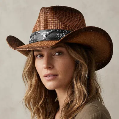 Fashnzfab Steer Head Accent Studded Faux Leather Band Western Straw Cowboy Hat In Brown