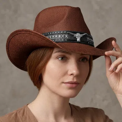 Fashnzfab Steer Head Accent Studded Faux Leather Band Western Straw Cowboy Hat In Brown