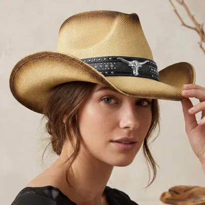 Fashnzfab Steer Head Accent Studded Faux Leather Band Western Straw Cowboy Hat In Brown
