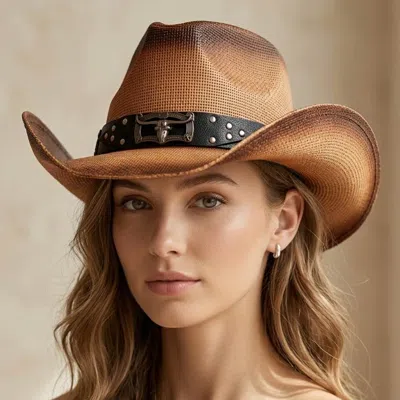 Fashnzfab Steer Head Accent Studded Faux Leather Band Western Straw Cowboy Hat In Gold