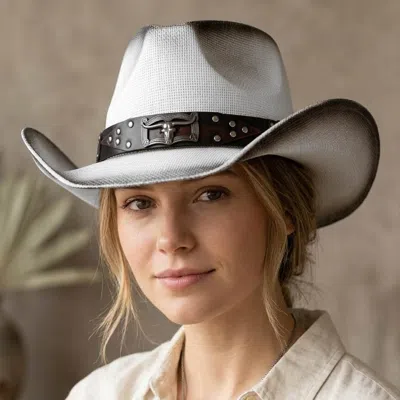 Fashnzfab Steer Head Accent Studded Faux Leather Band Western Straw Cowboy Hat In Gray