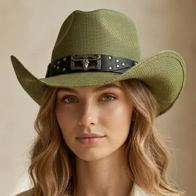 Fashnzfab Steer Head Accent Studded Faux Leather Band Western Straw Cowboy Hat In Green