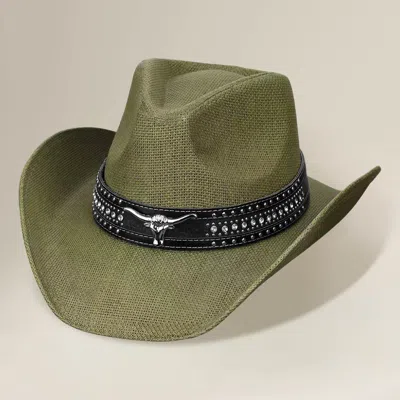 Fashnzfab Steer Head Accent Studded Faux Leather Band Western Straw Cowboy Hat In Green
