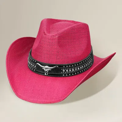 Fashnzfab Steer Head Accent Studded Faux Leather Band Western Straw Cowboy Hat In Pink