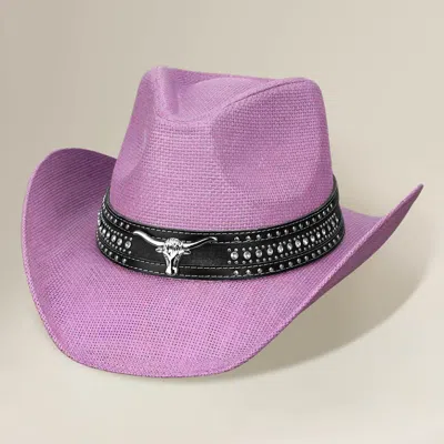 Fashnzfab Steer Head Accent Studded Faux Leather Band Western Straw Cowboy Hat In Purple