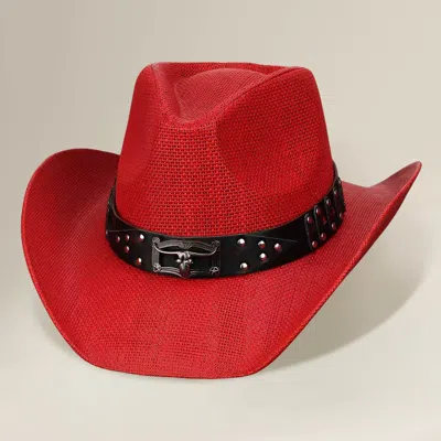 Fashnzfab Steer Head Accent Studded Faux Leather Band Western Straw Cowboy Hat In Red