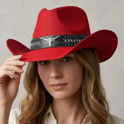 Fashnzfab Steer Head Accent Studded Faux Leather Band Western Straw Cowboy Hat In Red