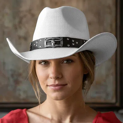 Fashnzfab Steer Head Accent Studded Faux Leather Band Western Straw Cowboy Hat In White