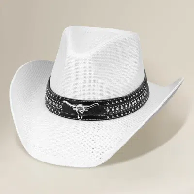 Fashnzfab Steer Head Accent Studded Faux Leather Band Western Straw Cowboy Hat In White