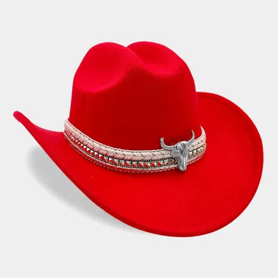 Fashnzfab Steer Head Studded Accent Band Cowboy Hat In Red