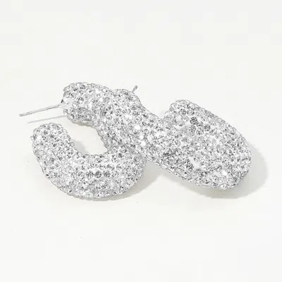 Fashnzfab Sterling Silver Post Rhinestone Studded Chunky Oval Hoop Earrings In Metallic