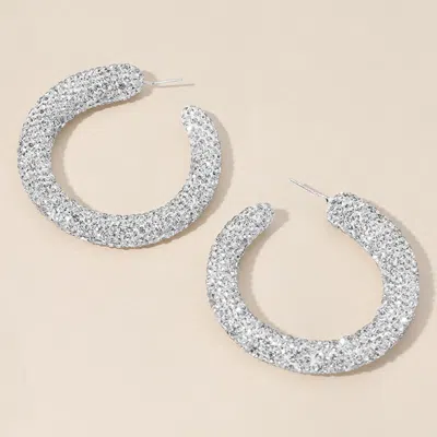 Fashnzfab Sterling Silver Post Rhinestone Studded Hoop Earrings - Clear, Silver In Metallic