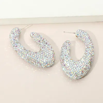 Fashnzfab Sterling Silver Post Rhinestone Studded Oval Hoop Earrings - Ab, Silver In Metallic