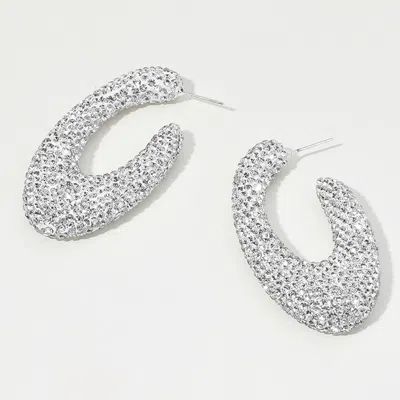 Fashnzfab Sterling Silver Post Rhinestone Studded Oval Hoop Earrings - Clear, Silver In White