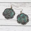 Fashnzfab Stitched Faux Leather Layered Metal Floral Dangle Earrings In Multi
