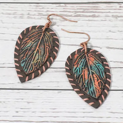 Fashnzfab Stitched Faux Leather Layered Metal Leaf Dangle Earrings In Multi