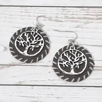 Fashnzfab Stitched Faux Leather Layered Metal Tree Of Life Dangle Earrings In Multi
