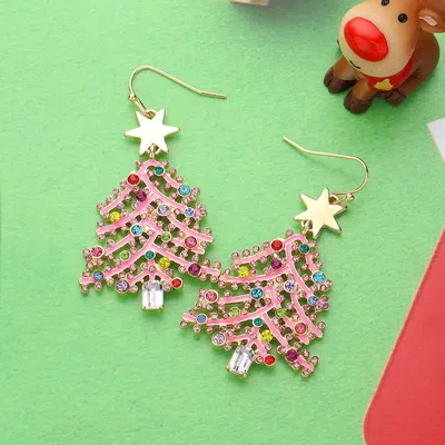 Fashnzfab Stnne Embellished Enamel Christmas Tree Dangle Earrings - Gold, Pink In Multi