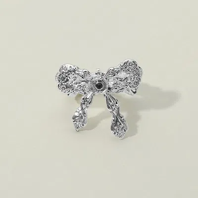 Fashnzfab Stone Accent Antique Metal Vintage Bow Stretch Ring - Antique Silver In Metallic