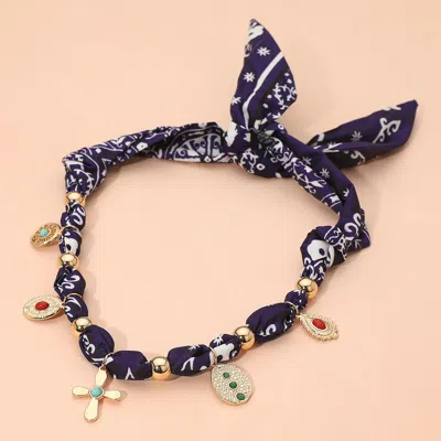 Fashnzfab Stone Accent Boho Charm Station Fabric Scarf Adjustable Necklace In Black