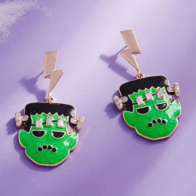 Fashnzfab Stone Accent Glittered Enamel Halloween Lightning Bolt Frankenstein Dangle Earrings In Gold