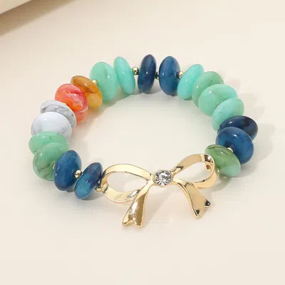 Fashnzfab Stone Accent Metal Bow Accent Flat Resin Disc Beaded Stretch Bracelet In Green