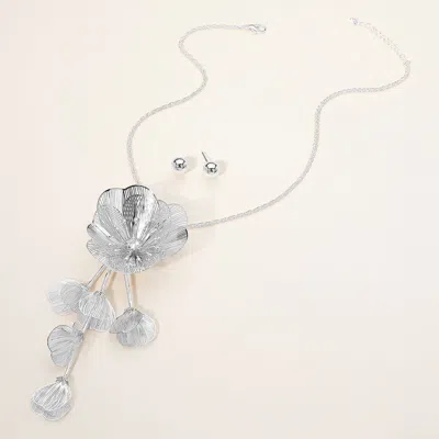 Fashnzfab Stone Accent Metal Cut Out Flower Petal Pendant Statement Necklace In Metallic