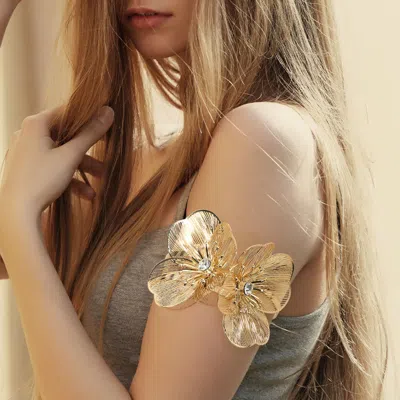 Fashnzfab Stone Accent Metal Filigree Flower Arm Cuff Bracelet In Gold