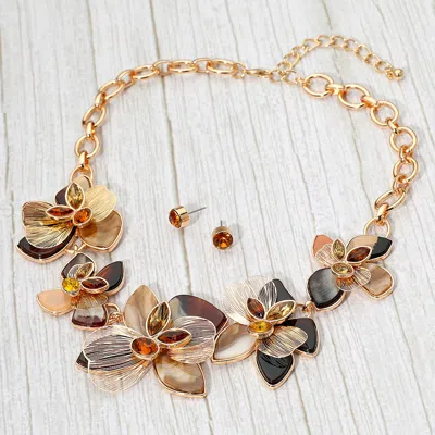 Fashnzfab Stone Accent Resin Metal Cutout Floral Link Statement Necklace - Brown, Gold