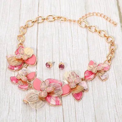 Fashnzfab Stone Accent Resin Metal Cutout Floral Link Statement Necklace - Gold, Pink In Multi