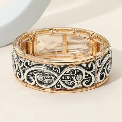 Fashnzfab Stone Accent Vintage Scrollwork Stretch Bracelet Clear, Two Tone In Multi