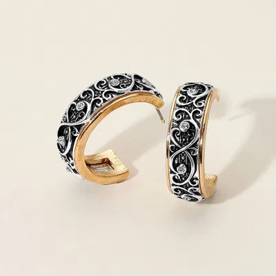 Fashnzfab Stone Accented Antique Metal Filigree Hoop Earrings In Multi