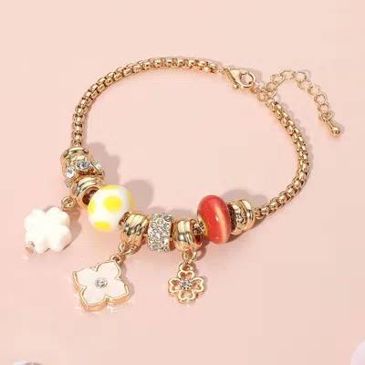 Fashnzfab Stone Accented Clover Charm Multi Bead Bracelet Cream, Gold