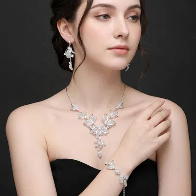 Fashnzfab Stone Accented Metal Mesh Petal Jewelry Set In Silver