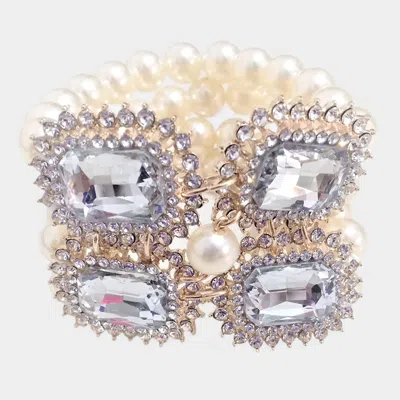 Fashnzfab Stone Accented Multi Layered Pearl Stretch Bracelet Clear, Cream, Gold