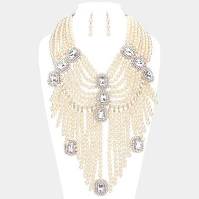 Fashnzfab Stone Accented Pearl Fringe Statement Necklace In Green