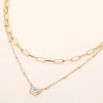 Fashnzfab Stone Bezel Pendant Accent Beaded Paperclip Chain Layered Necklace In Gold