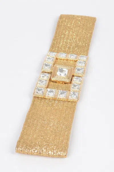 Fashnzfab Stone Buckle Elastic Faux Straw Belt In Gold
