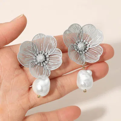 Fashnzfab Stone Center Cutout Flower Pearl Drop Statement Earrings In Silver