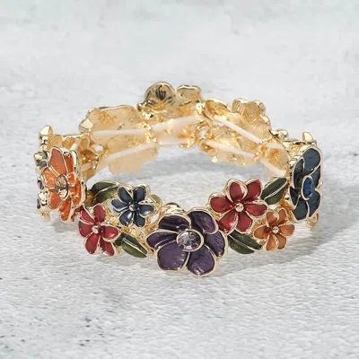 Fashnzfab Stone Center Floral Enamel Stretch Bracelet In Brown
